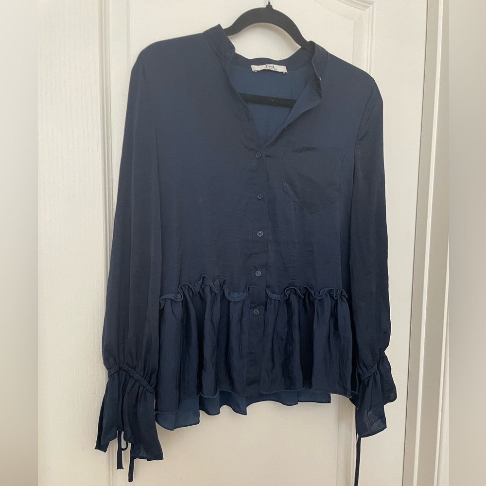 Navy Blouse with Ties on Sleeves